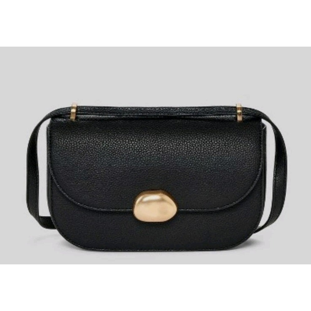 A New Day Crossbody Bag Black Pebbled Faux Leather Gold Trim Adjustable Strap